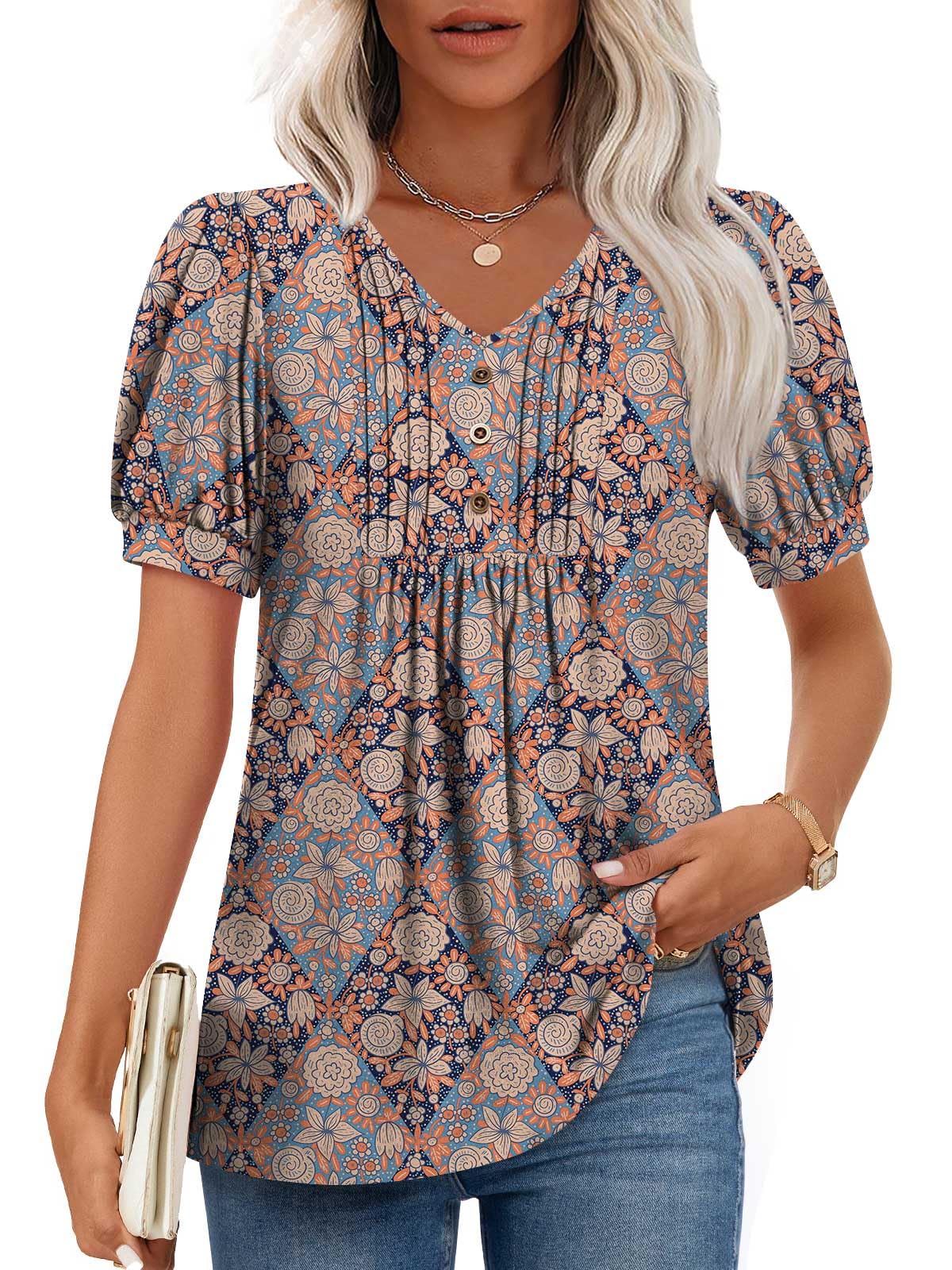 Findsweet Women's Summer Tunic Tops Casual Dressy Blouses Short Sleeve Shirts M-4XL