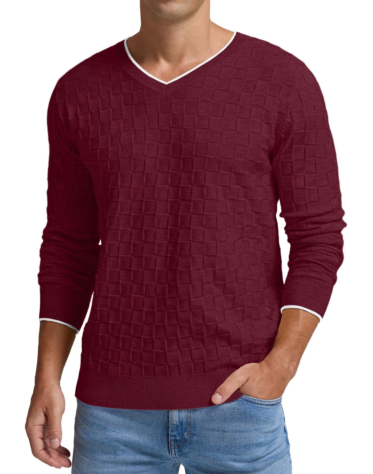 Sailwind Mens V-Neck Sweater Cable Knit Long Sleeve Casual Basketweave Stitch Pullover Sweater