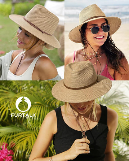 FURTALK Sun Hat Panama Fedora Straw Beach Hat with Wind Lanyard UPF | Packable for Travel, Hidden Hook and Loop Fit, Breathable Sweatband, Ideal for Summer Pool, Hiking & Gardening