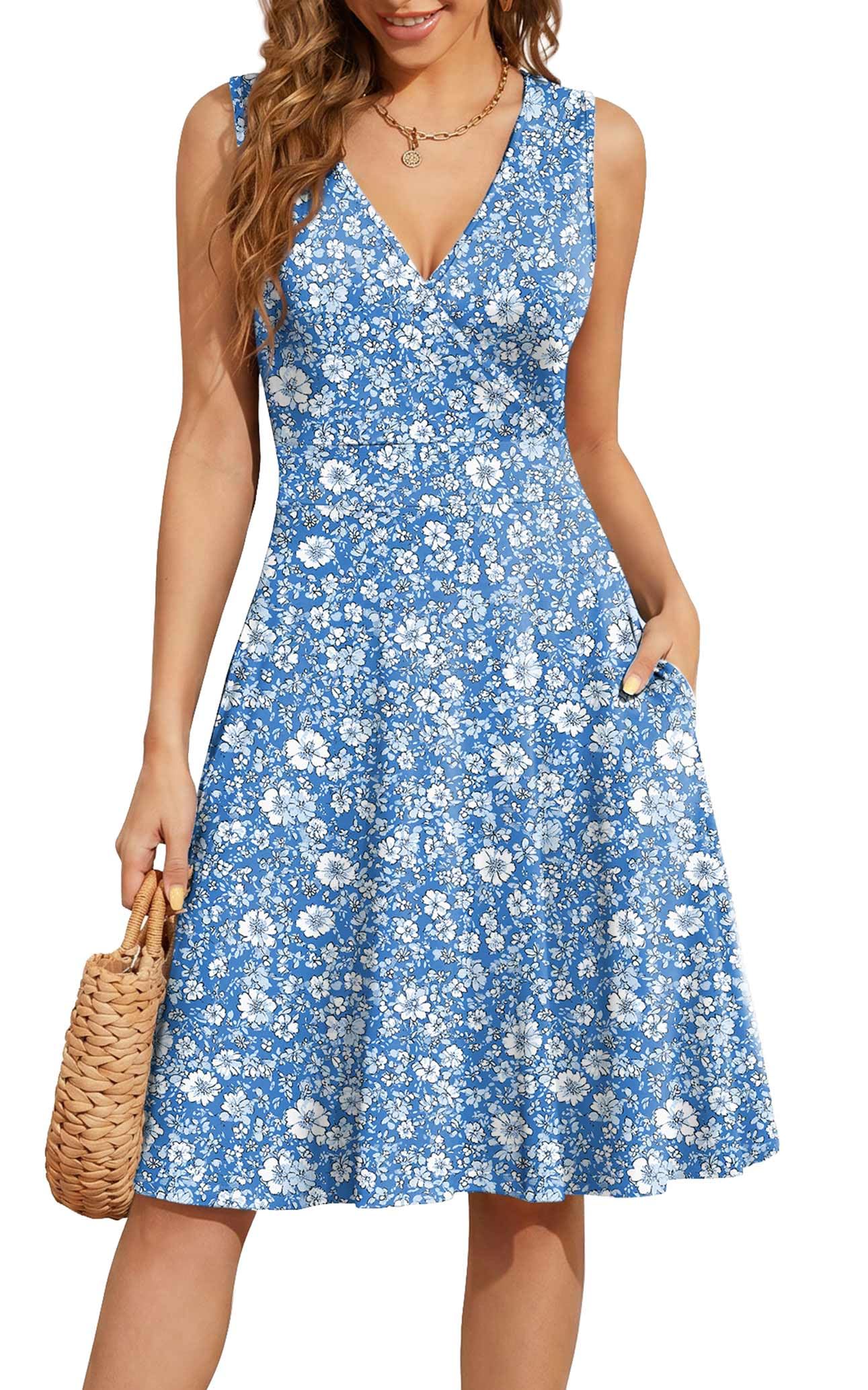 WEACZZY Women's Summer Sleeveless Casual Dresses V-Neck Wrap Floral Holiday Tank Dress Flowy Beach Sundress with Pockets