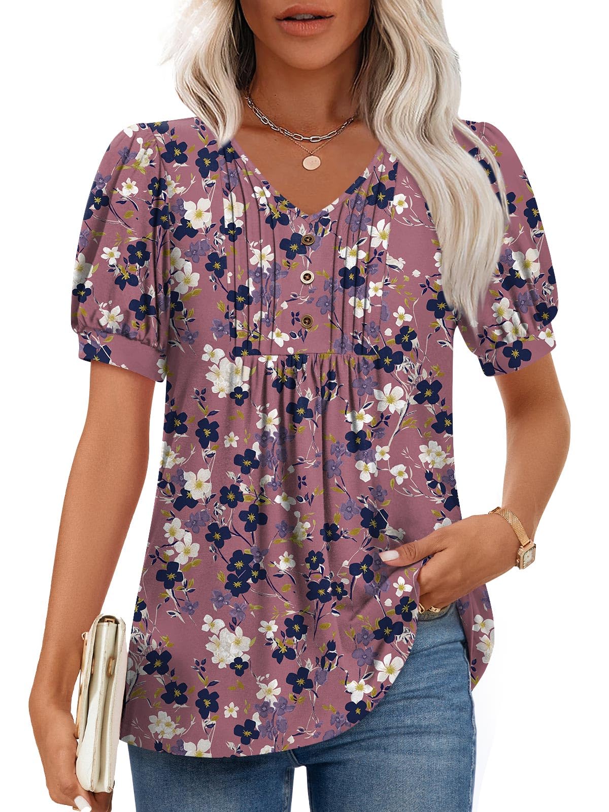 Findsweet Women's Summer Tunic Tops Casual Dressy Blouses Short Sleeve Shirts M-4XL