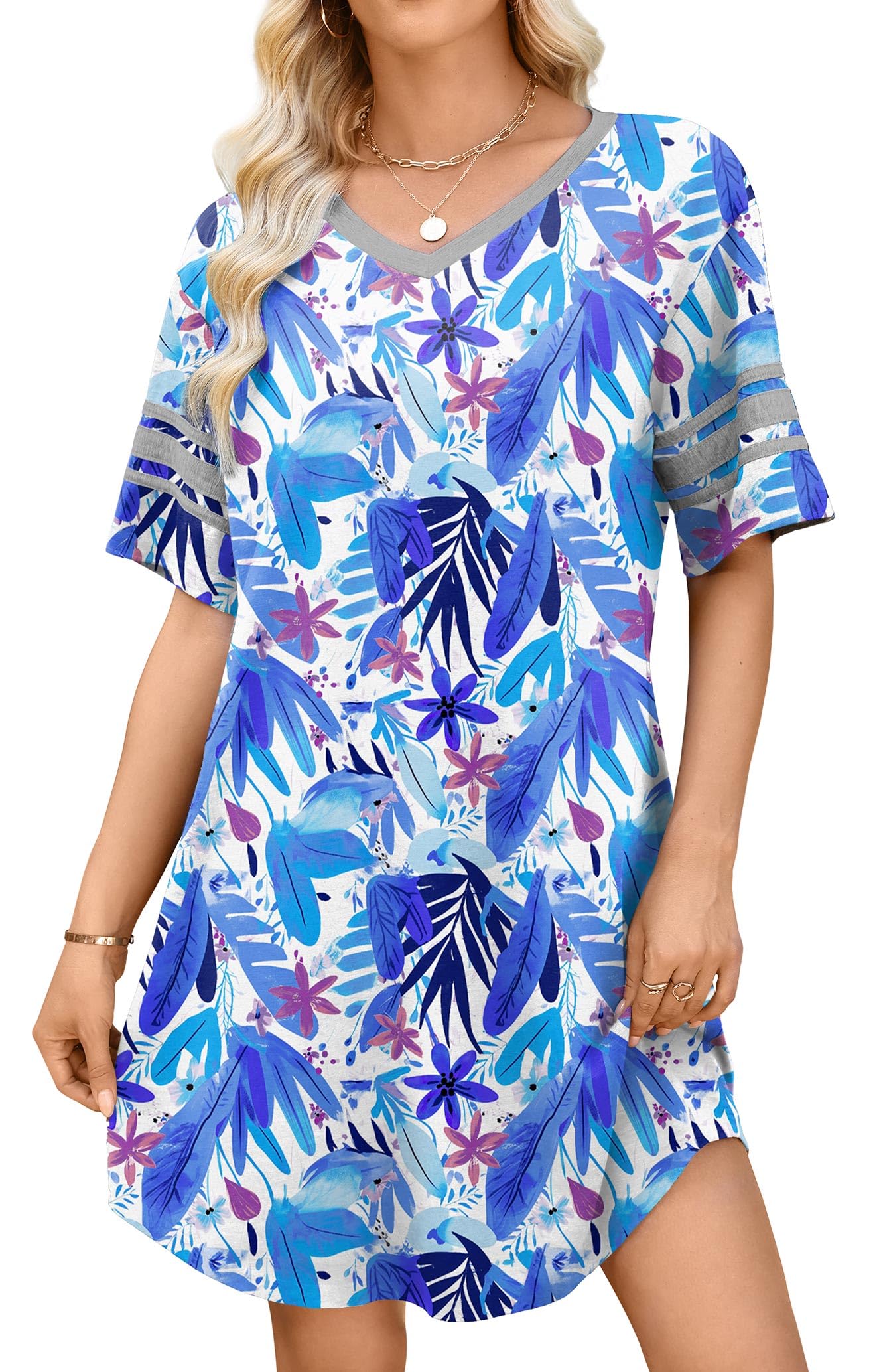 WEACZZY Women's Sleep Shirt Short Sleeve Nightgown Loose Fit Breathable | Crew Neck, Soft Polyester Blend Sleepwear, Solid Colors Floral Prints, Pajama Dress, Loungewear, House Casual Daily Wear