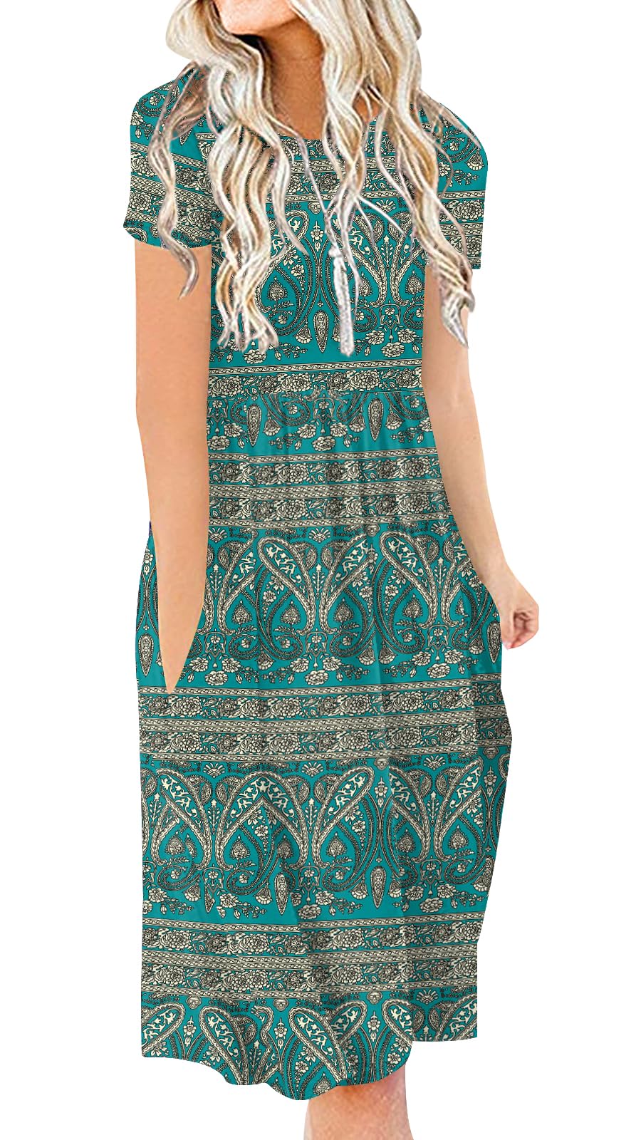 DB MOON Women Summer Casual Short Sleeve Dresses Empire Waist Dress with Pockets
