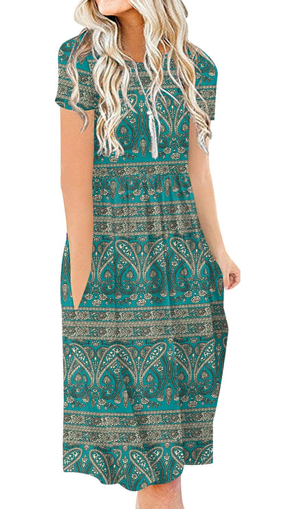 DB MOON Women Summer Casual Short Sleeve Dresses Empire Waist Dress with Pockets