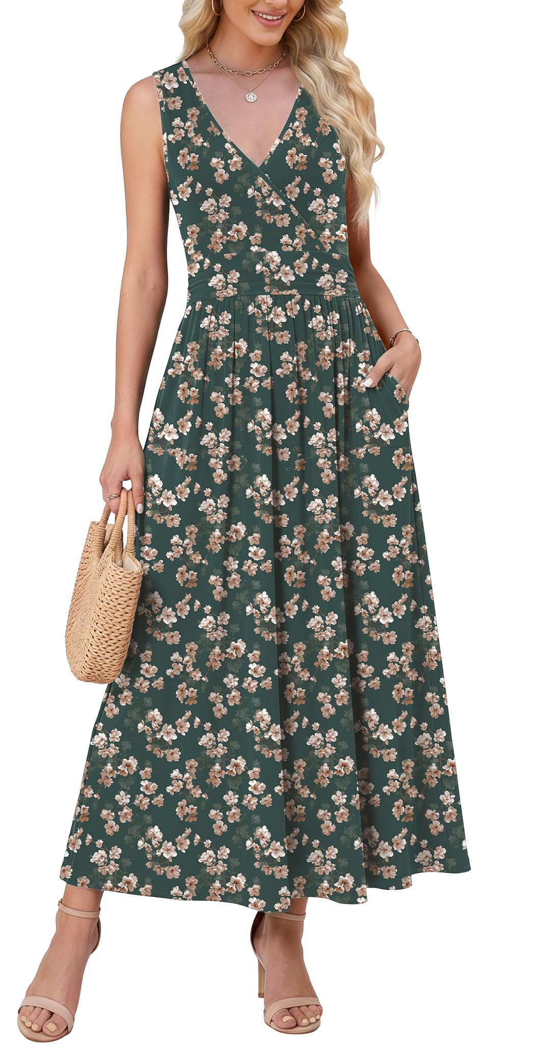 WEACZZY Women's Maxi Dress Sleeveless V Neck Sundress Cocktail Long Dresses with Pockets