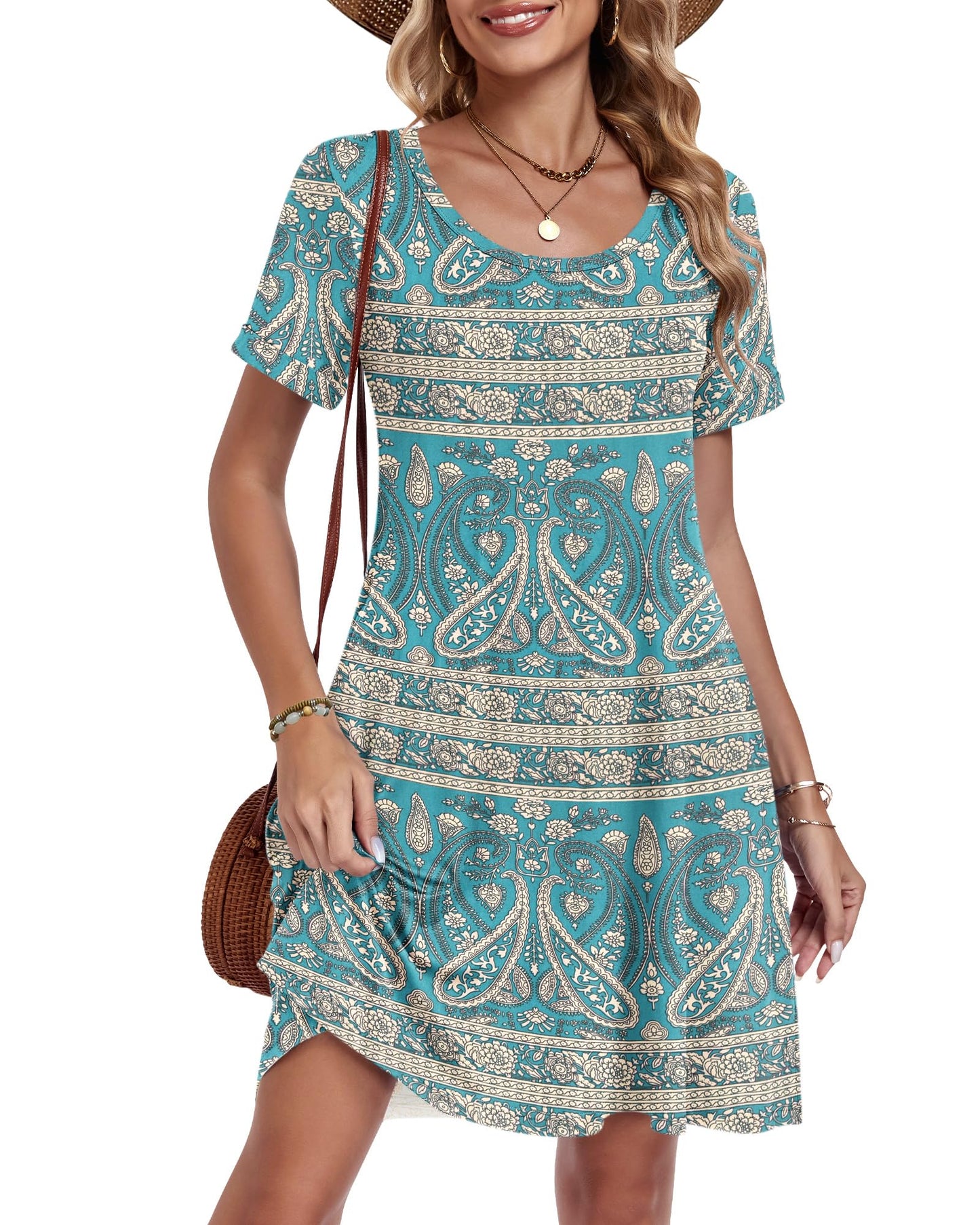 AUSELILY Women's Summer Casual Dresses 2026 Short Sleeve Swing Beach Floral T-Shirt Dress with Pockets