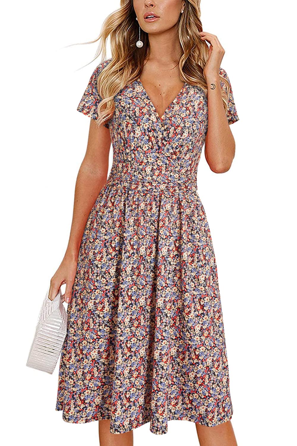 Newshows Womens Summer Short Sleeve Casual Dresses V Neck Floral Vacation Sundress Faux Wrap Midi Dress with Pockets