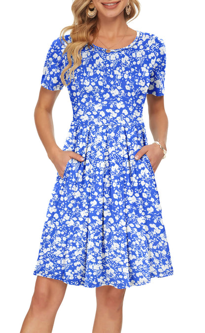 AUSELILY Women's Short Sleeve Summer Dress Pleated Loose Swing Knee Length Dresses with Pockets 2026 New