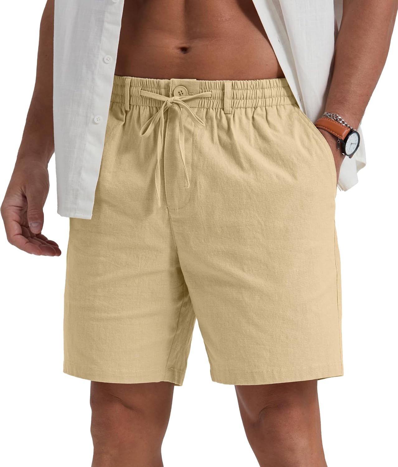 Sailwind Men's Linen Shorts 7" Casual Elastic Waist Drawstring Summer Beach Shorts