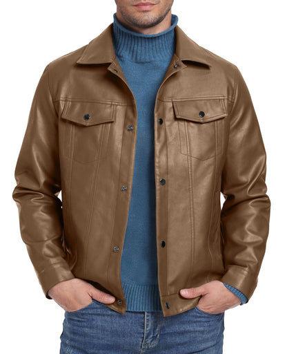 Sailwind Men's Leather Jacket Lapel Collar Motorcycle Coat Snap Button Faux Leather Bomber Jackets