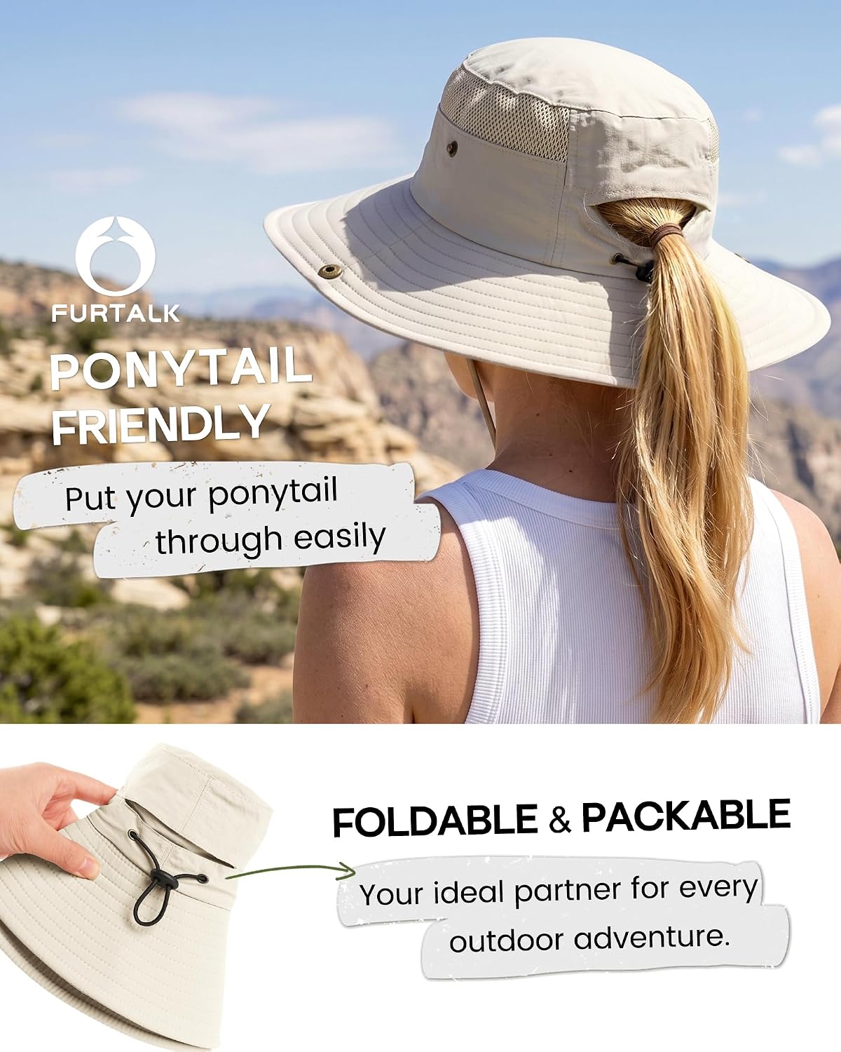 FURTALK Sun Hats for Women with Ponytail Hole Hiking Summer Wide Brim Outdoor UV Protection Bucket Safari Hat
