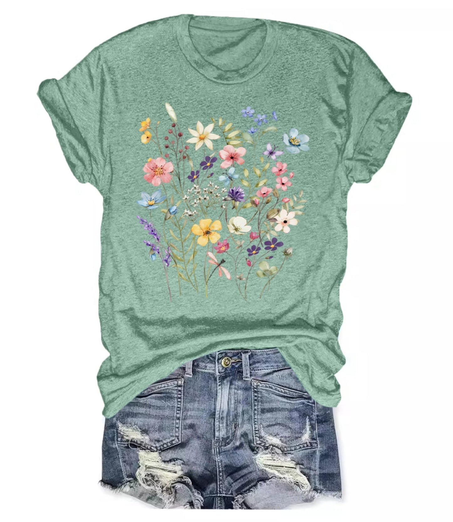 Women's Boho Wildflower Graphic Loose Tees Vintage Floral Short Sleeve T-Shirts Summer Cotton Tee Tops