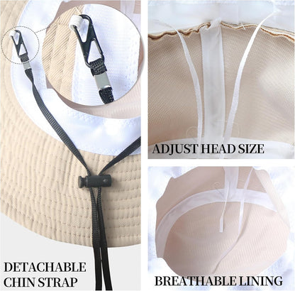 PFFY Bucket Hat for Women Men Lightweight Sun Beach Fishing Cap with Detachable Chin Strap Khaki（with Chin Strap）