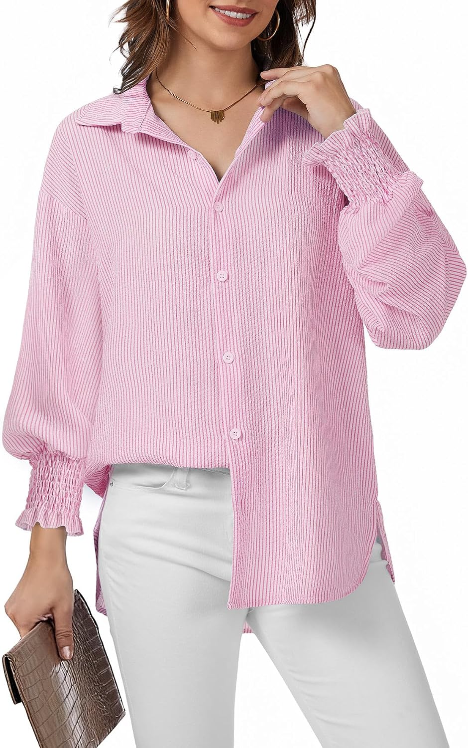 WEACZZY Womens Button Down Casual Shirts Long Sleeve Smocked Cuffed Blouses Collared Work No Pockets Tops 2026