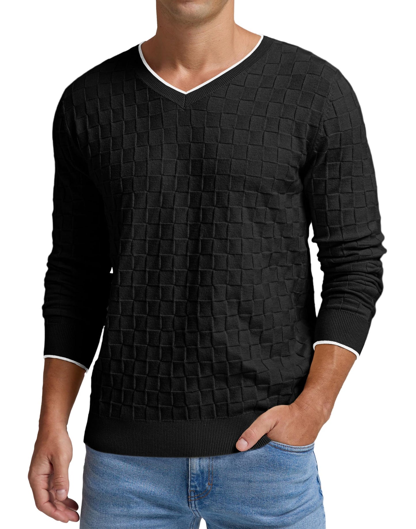 Sailwind Mens V-Neck Sweater Cable Knit Long Sleeve Casual Basketweave Stitch Pullover Sweater