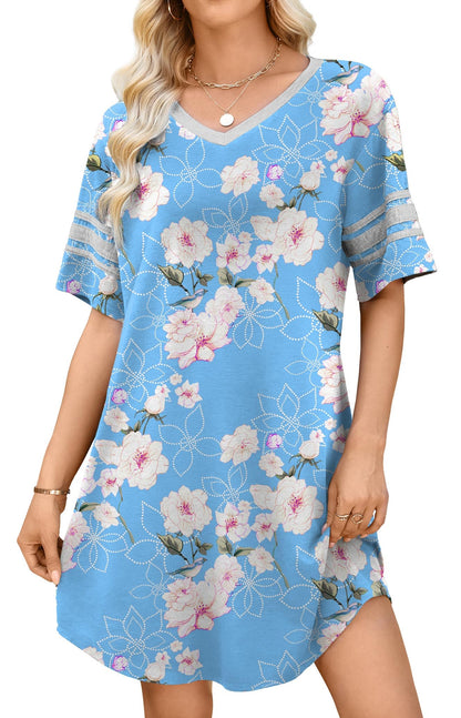 WEACZZY Women's Sleep Shirt Short Sleeve Nightgown Loose Fit Breathable | Crew Neck, Soft Polyester Blend Sleepwear, Solid Colors Floral Prints, Pajama Dress, Loungewear, House Casual Daily Wear