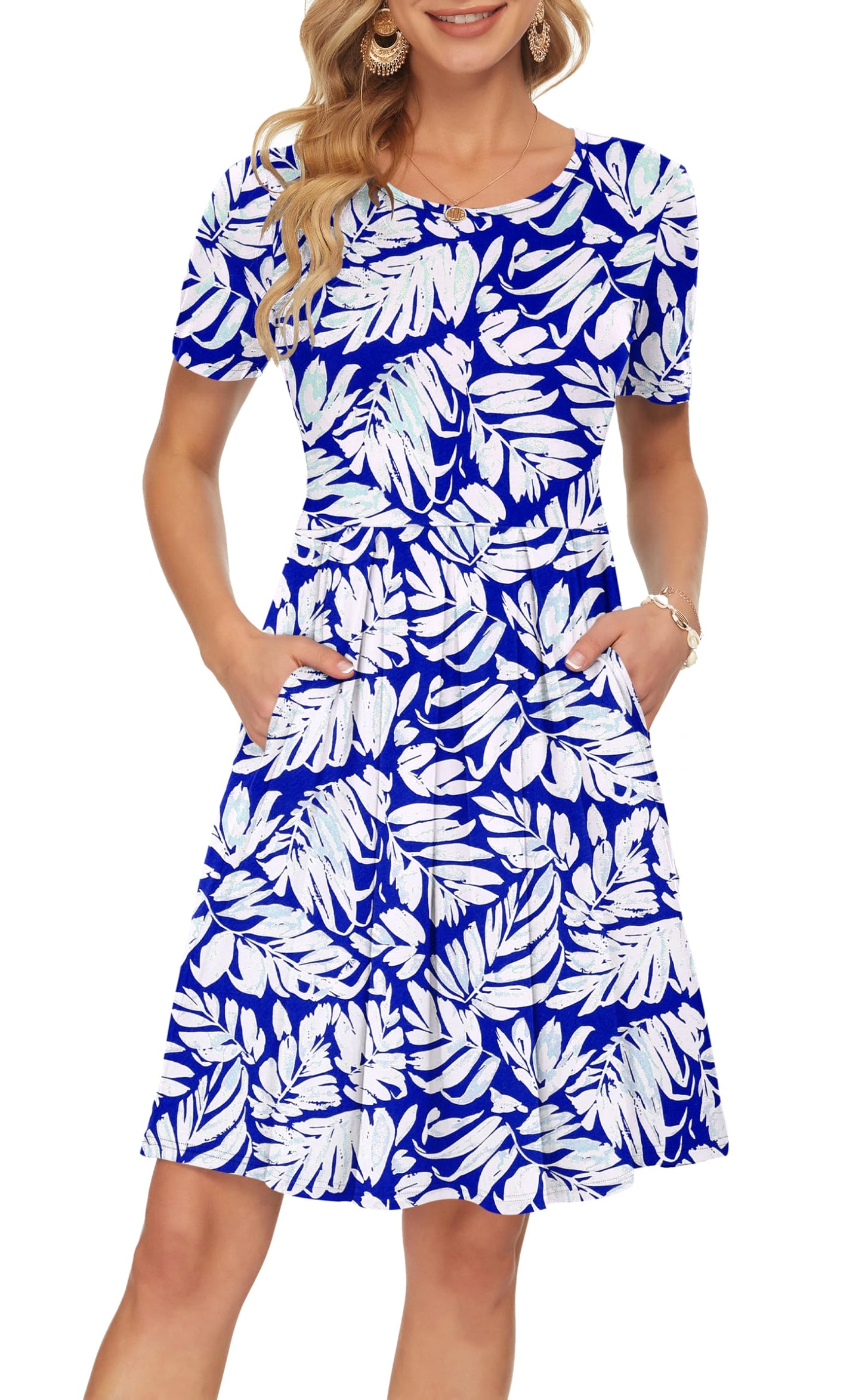 AUSELILY Women's Short Sleeve Summer Dress Pleated Loose Swing Knee Length Dresses with Pockets 2026 New