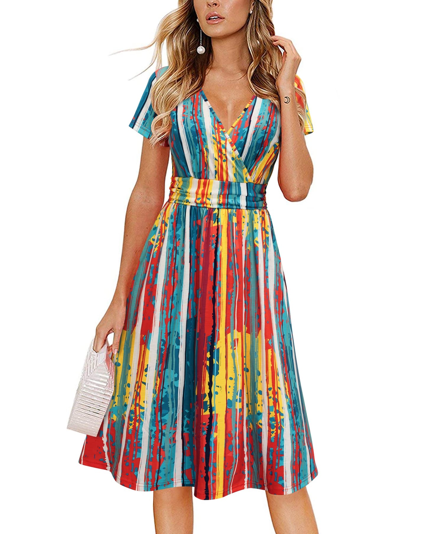 Newshows Womens Summer Short Sleeve Casual Dresses V Neck Floral Vacation Sundress Faux Wrap Midi Dress with Pockets