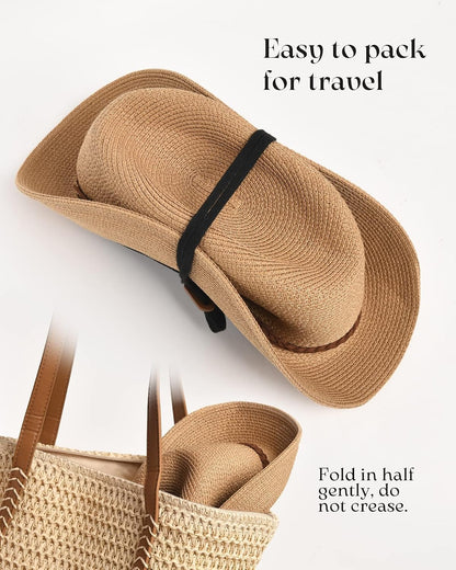 FURTALK Womens Wide Brim Sun Hat Beach Panama Fedora Straw Summer | Packable for Travel, Braided Strap Decor, Adjustable Chin Cord, Breathable Sweatband, Ideal for Summer Vacations