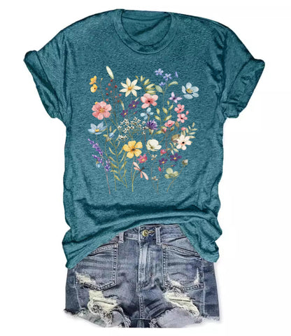 Women's Boho Wildflower Graphic Loose Tees Vintage Floral Short Sleeve T-Shirts Summer Cotton Tee Tops