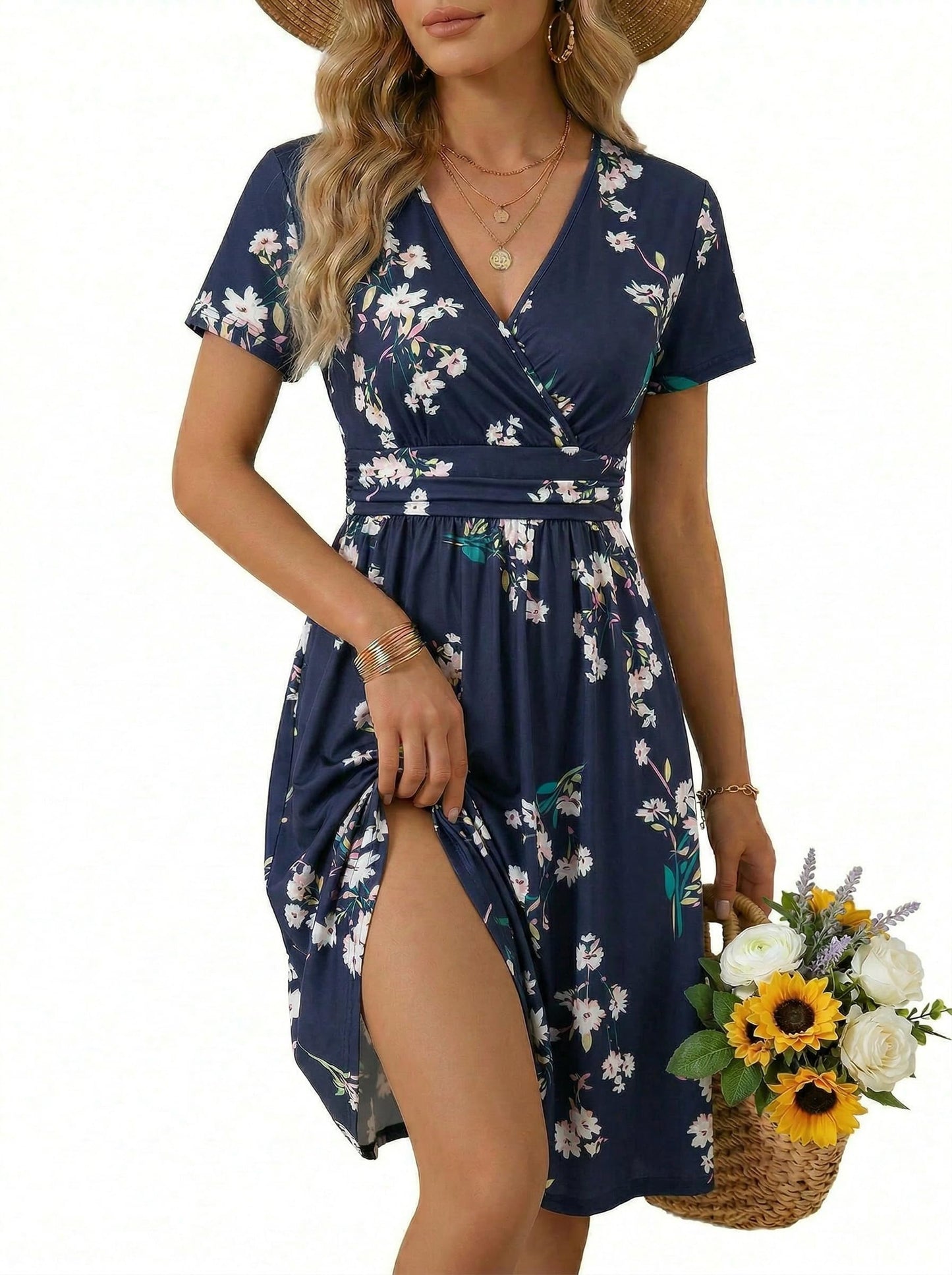 OUGES Casual Summer Dress for Women Wrap V Neck A Line Midi Dresses with Pockets