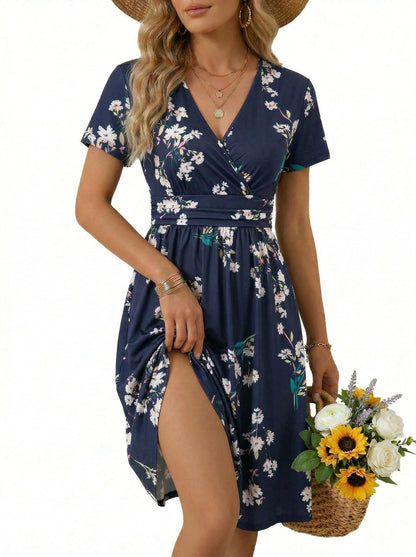OUGES Casual Summer Dress for Women Wrap V Neck A Line Midi Dresses with Pockets