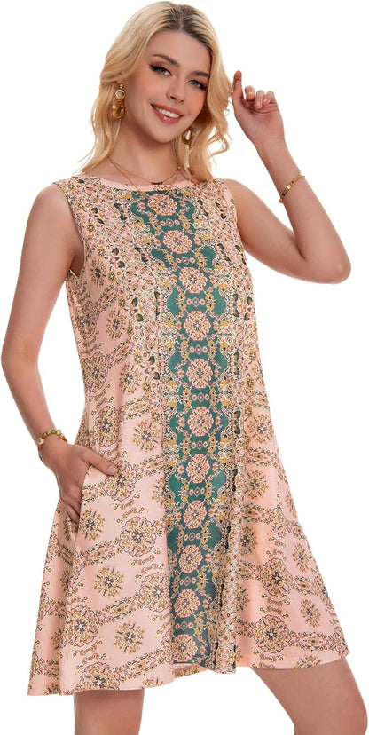 Summer Dresses for Women Beach Boho Sleeveless Vintage Floral Flowy Pocket Tshirt Tank Sundresses 2026