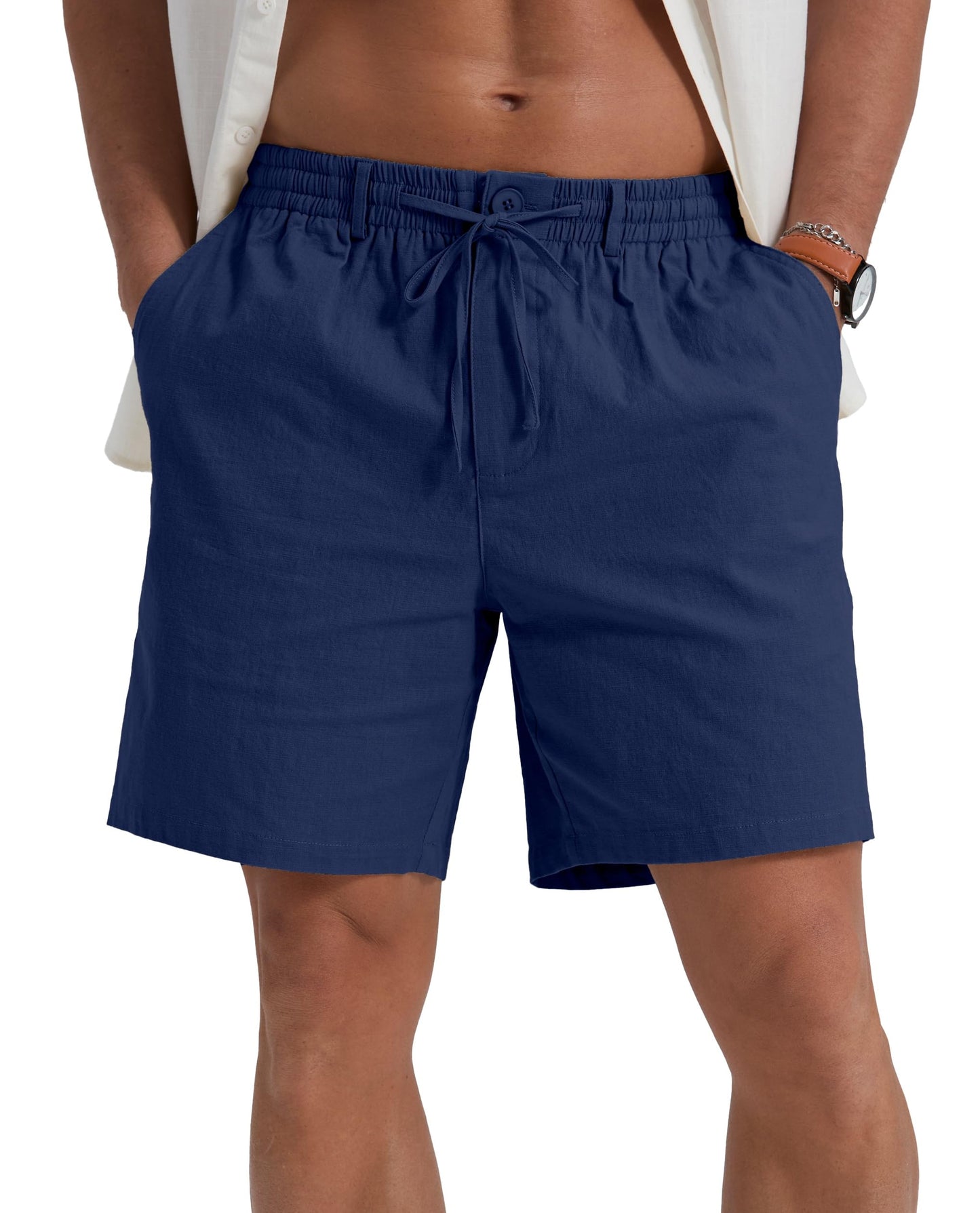Sailwind Men's Linen Casual Shorts Elastic Waist Drawstring Summer Beach Shorts with Pockets