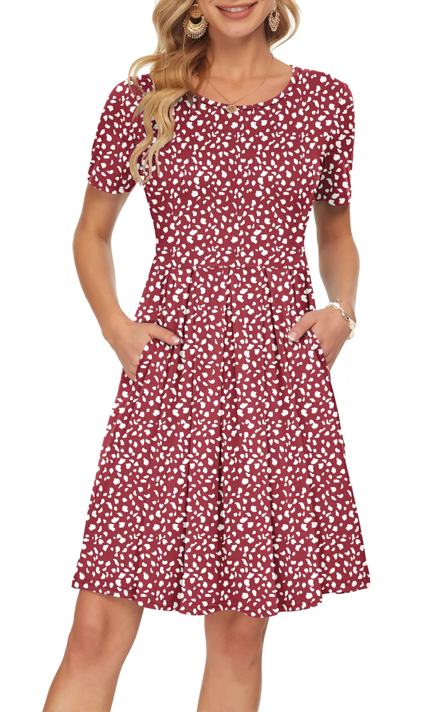 AUSELILY Women's Short Sleeve Summer Dress Pleated Loose Swing Knee Length Dresses with Pockets 2026 New