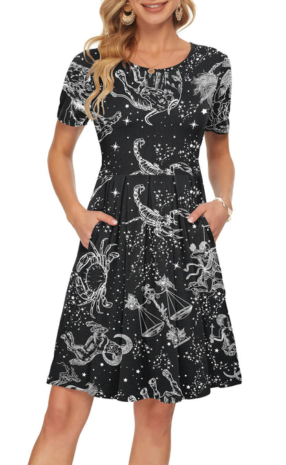AUSELILY Women's Short Sleeve Summer Dress Pleated Loose Swing Knee Length Dresses with Pockets 2026 New