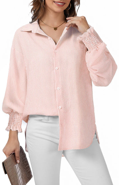 WEACZZY Womens Button Down Casual Shirts Long Sleeve Smocked Cuffed Blouses Collared Work No Pockets Tops 2026