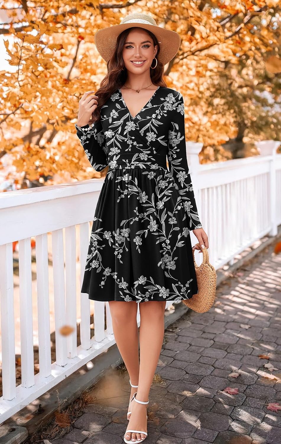 WEACZZY Women's Long Sleeve Casual Fall Dresses V-Neck Swing Floral Party Dress with Pockets 2026
