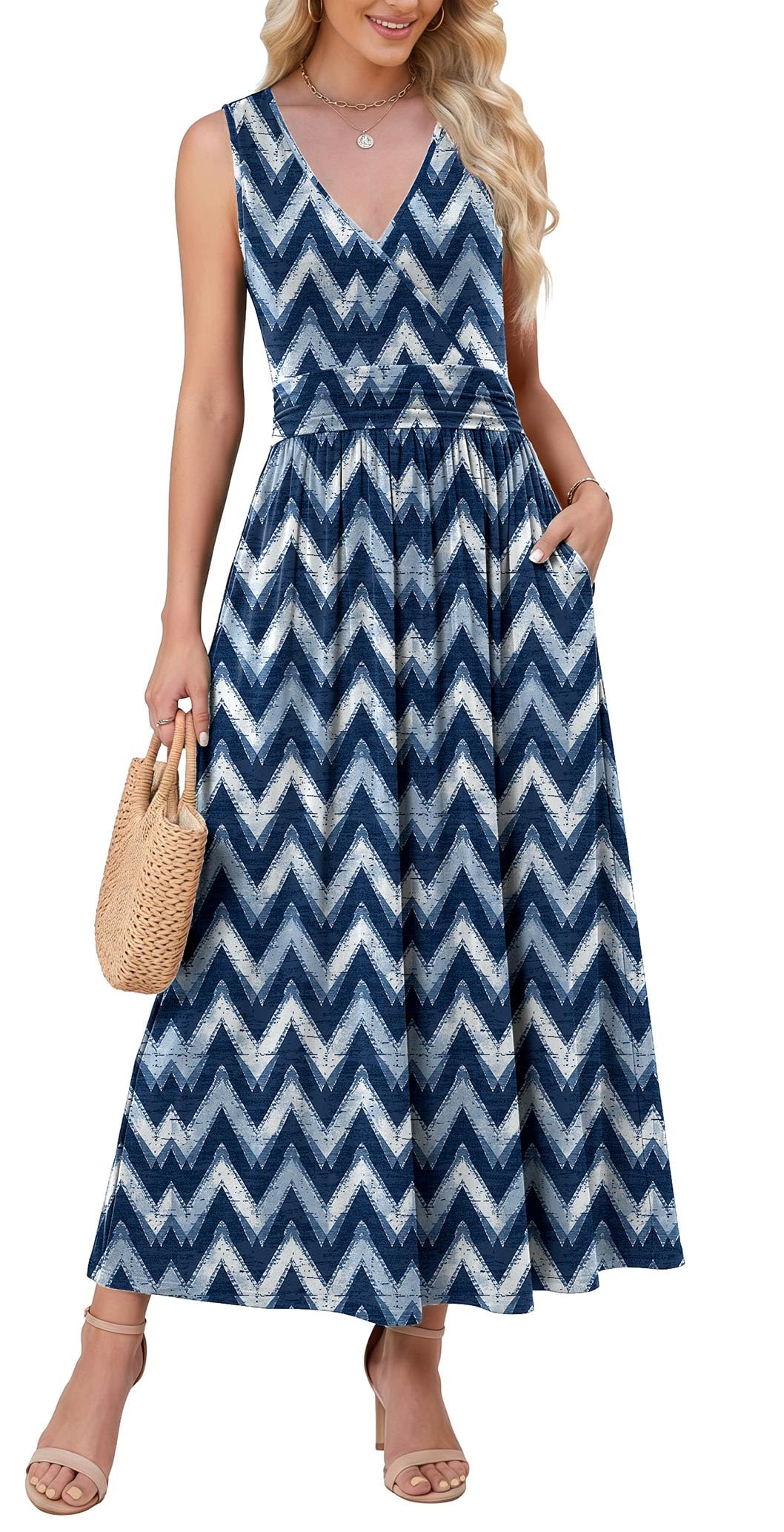WEACZZY Women's Maxi Dress Sleeveless V Neck Sundress Cocktail Long Dresses with Pockets