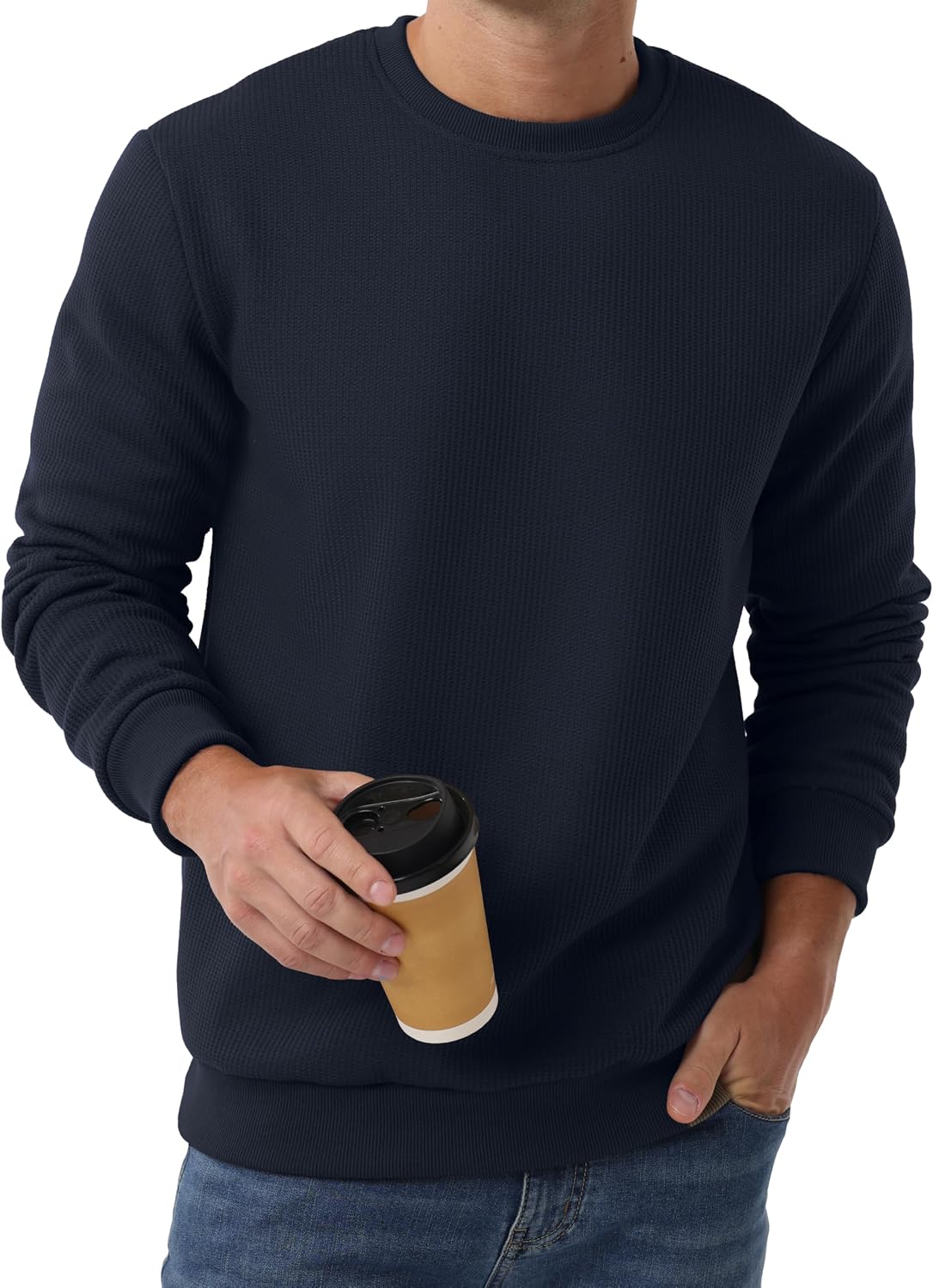 Sailwind Men's Crewneck Sherpa Lined Fleece Waffle Sweatshirt Long Sleeve Warm Pullover Winter Thermal Heavyweight Tops