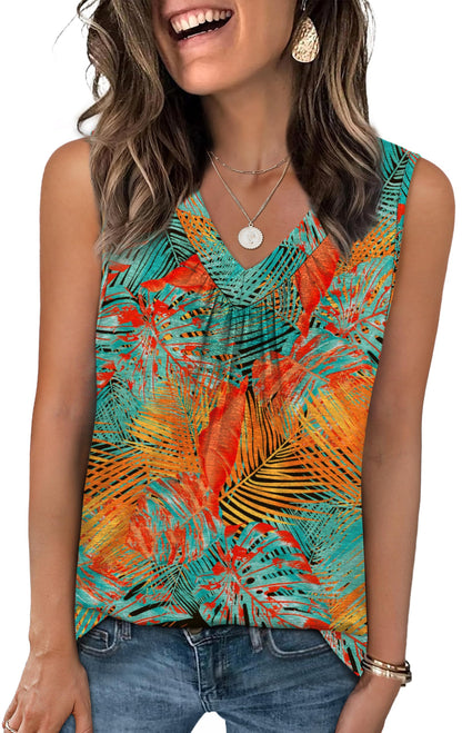 OFEEFAN Tank Top for Women Loose Fit Sleeveless Shirts V Neck Summer Clothes Ruched Women's Tees and Tanks Curved Hem