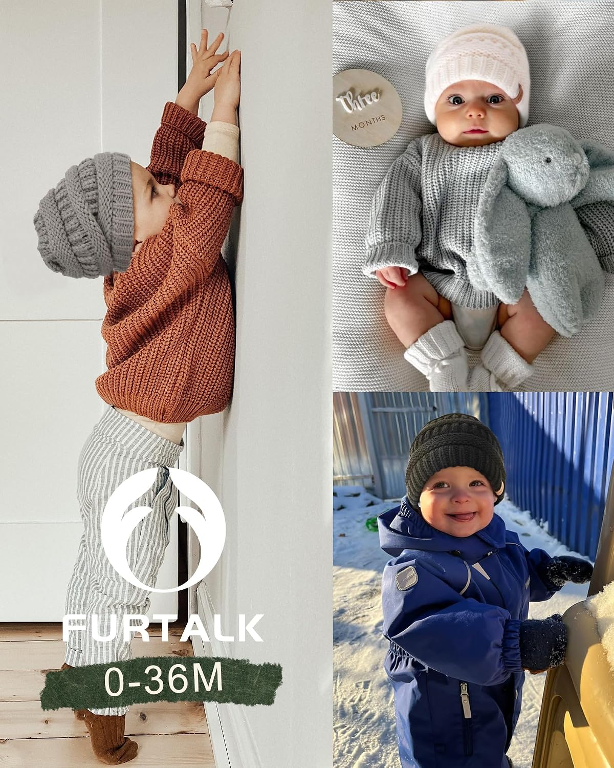 FURTALK Baby Beanie Winter Soft Warm Knit Hat 3 Pack Infant Toddler Slouchy Caps