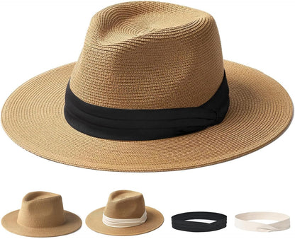 FURTALK Sun Hat Wide Brim Straw Fedora Panama Beach for Men Women | Foldable & Packable for Travel, Breathable Sweatband, Adjustable Chin Strap, Ideal for Summer Boating, Gardening or Holidays