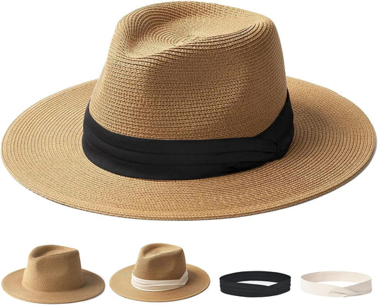 FURTALK Sun Hat Wide Brim Straw Fedora Panama Beach for Men Women | Foldable & Packable for Travel, Breathable Sweatband, Adjustable Chin Strap, Ideal for Summer Boating, Gardening or Holidays
