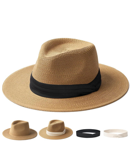 FURTALK Sun Hat Wide Brim Straw Fedora Panama Beach for Men Women | Foldable & Packable for Travel, Breathable Sweatband, Adjustable Chin Strap, Ideal for Summer Boating, Gardening or Holidays