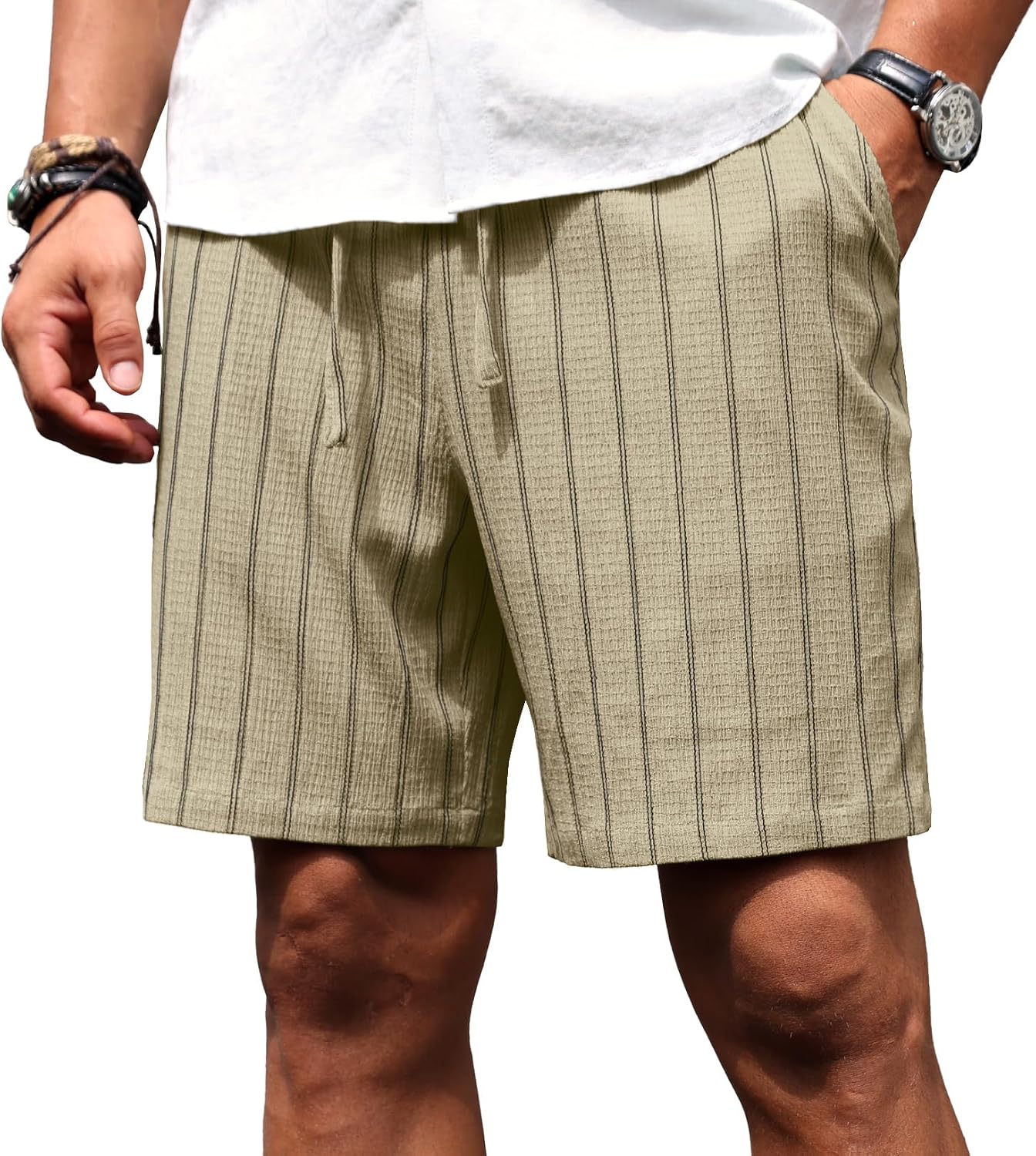 Sailwind Mens Striped Casual 7" Shorts Summer Beach Elastic Waist Drawstring Shorts with Pockets