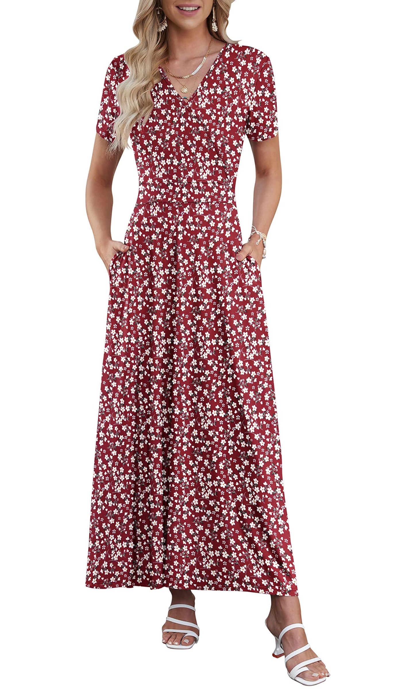 AUSELILY Maxi Dresses for Women Ankle Length Floral Print Beach Long Flowy Dress with Pockets