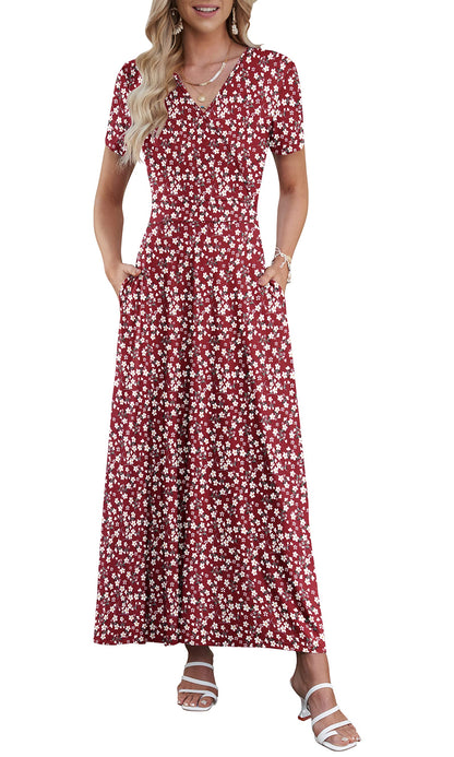 AUSELILY Maxi Dresses for Women Ankle Length Floral Print Beach Long Flowy Dress with Pockets