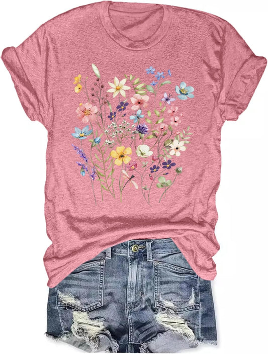 Women's Boho Wildflower Graphic Loose Tees Vintage Floral Short Sleeve T-Shirts Summer Cotton Tee Tops