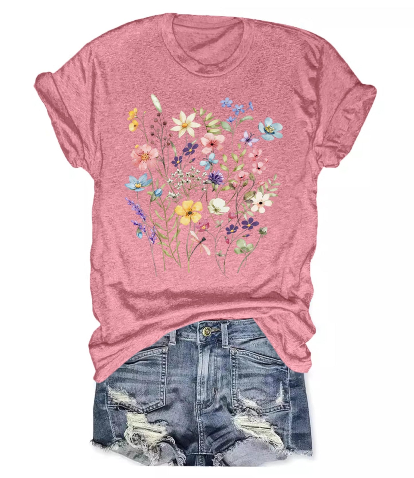 Women's Boho Wildflower Graphic Loose Tees Vintage Floral Short Sleeve T-Shirts Summer Cotton Tee Tops