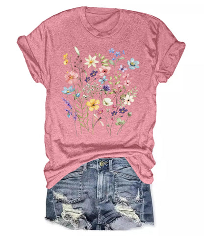 Women's Boho Wildflower Graphic Loose Tees Vintage Floral Short Sleeve T-Shirts Summer Cotton Tee Tops