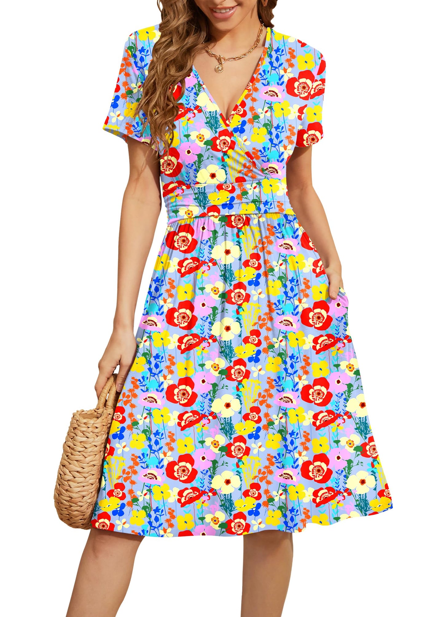 WEACZZY Women's Summer Short Sleeve Casual Dresses V-Neck Floral Party Dress with Pockets