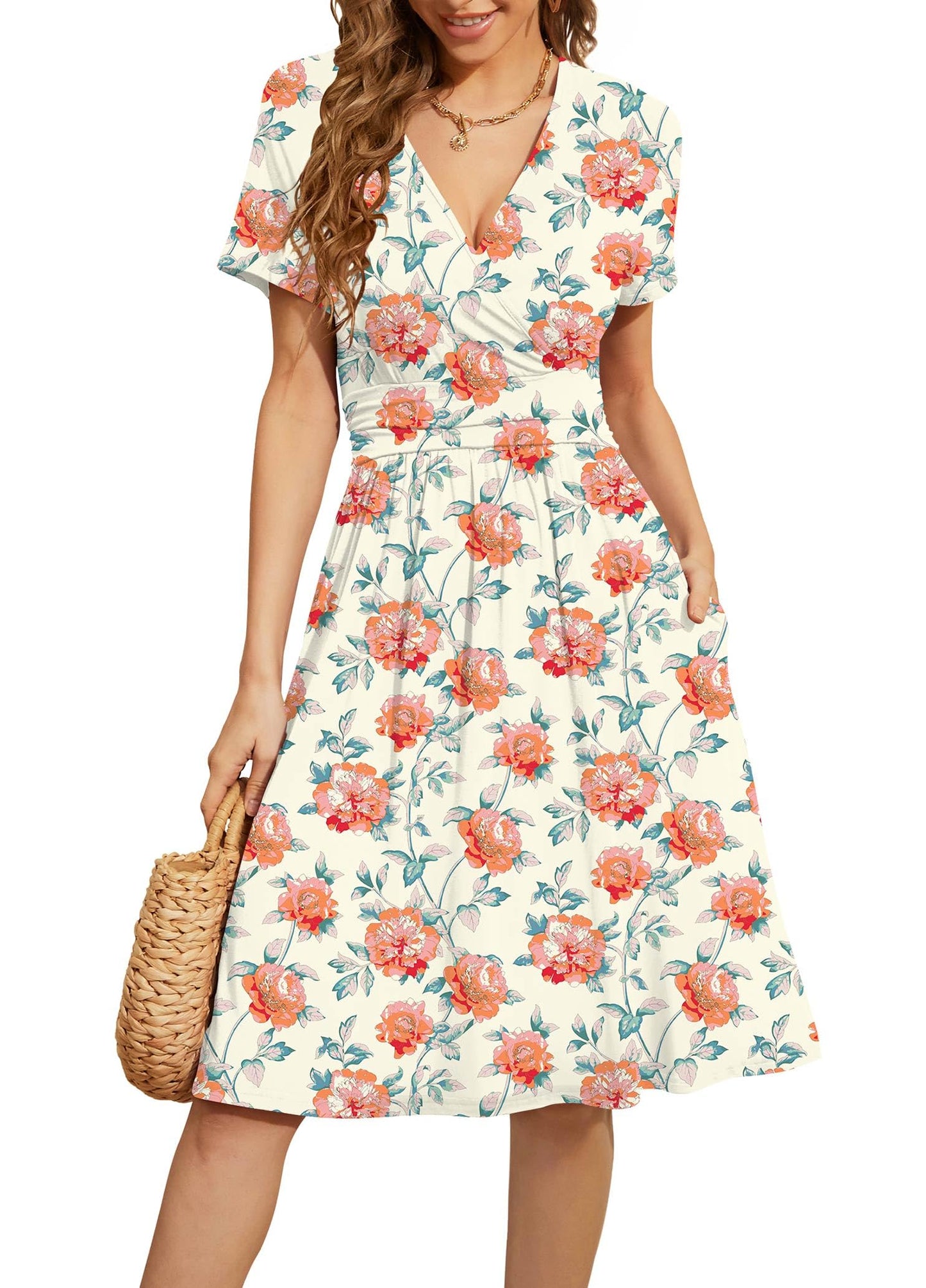 WEACZZY Women's Summer Short Sleeve Casual Dresses V-Neck Floral Party Dress with Pockets
