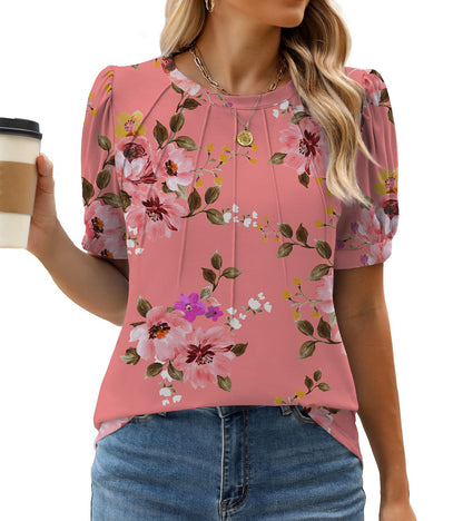 WEACZZY Women's Short Sleeve Crew Neck T-Shirt Pleated Front Casual Blouse | Puff Sleeve, Soft Comfortable Breathable, Regular Fitted, Asymmetrical High-Low Hem, Business Casual, Spring Summer Fall
