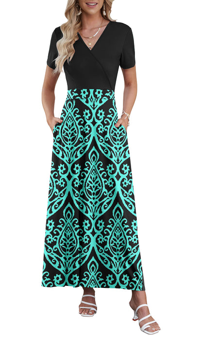 AUSELILY Maxi Dresses for Women Ankle Length Floral Print Beach Long Flowy Dress with Pockets