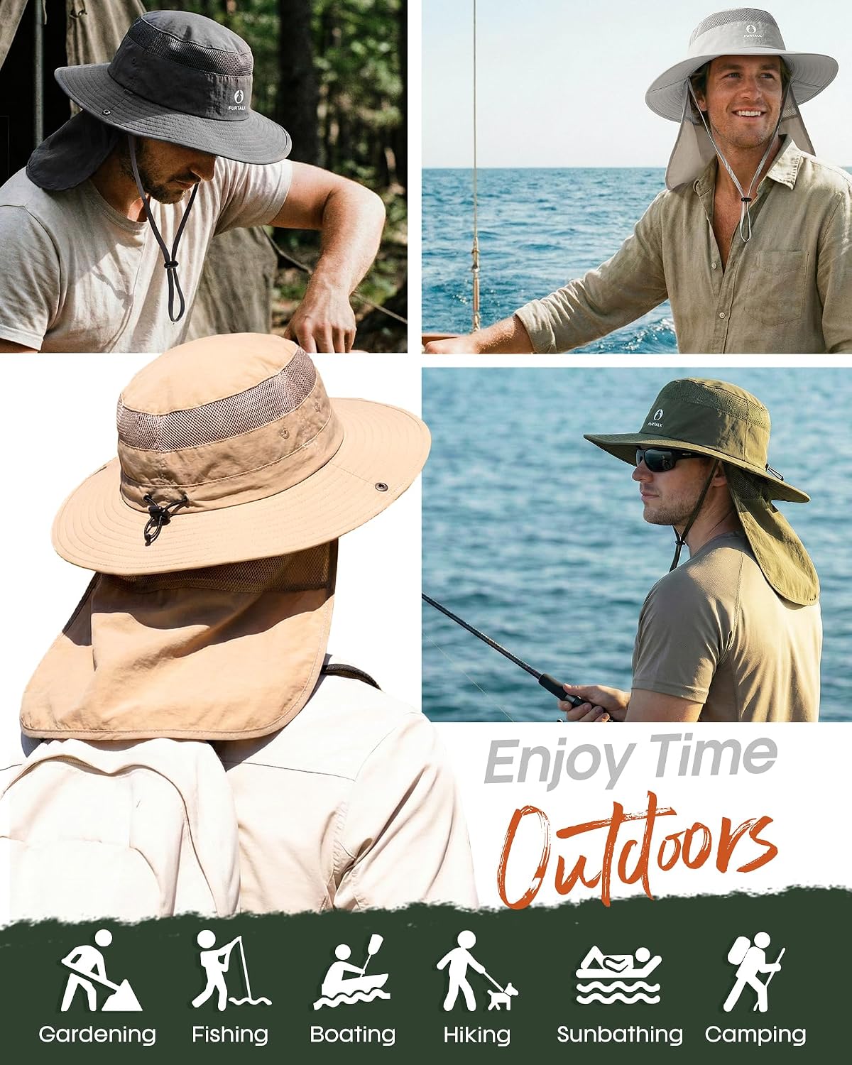FURTALK Sun Hats for Men Women Fishing Hat with Neck Flap UPF 80+ Breathable Wide Brim Hiking Safari Summer Bucket Hats